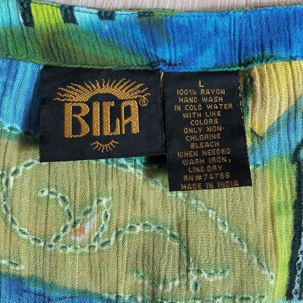 Bila Boho Floral Patchwork Maxi Dress Womens L Blue Green Sunflower V-Neck Rayon - Picture 3 of 5